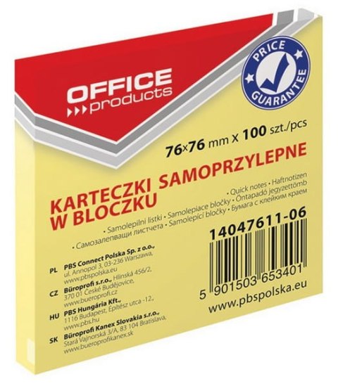 Bloczek samoprzylepny OFFICE PRODUCTS 76x76mm x 100szt. ŻÓŁTY Bloczek samoprzylepny OFFICE PRODUCTS 76x76mm x 100szt. ŻÓŁTY