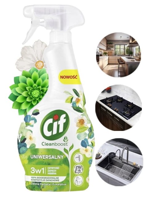 CIF Cleanboost Uniwersalny 3w1 Spray Czyszczacy Zielona Herbata i Eukaliptus CIF Cleanboost Uniwersalny 3w1 Spray Czyszczacy Zielona Herbata i Eukaliptus