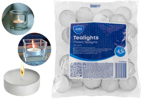 AURA Podgrzewacze Tealights Classic 4,5h 30 szt. p15-30 AURA Podgrzewacze Tealights Classic 4,5h 30 szt. p15-30