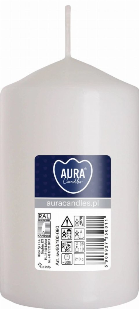 AURA Świeca Walec Biała 30h sw60/100-090 AURA Świeca Walec Biała 30h sw60/100-090