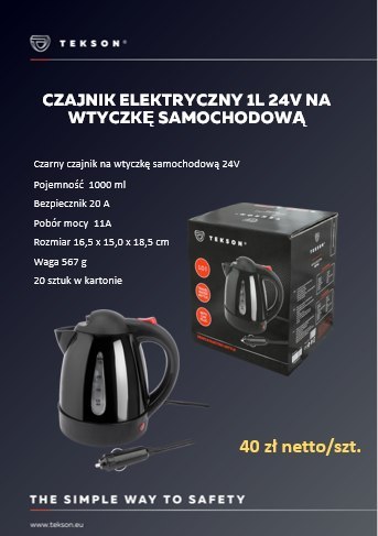 Czajnik Elektryczny 1L 24v Na Wtyczkę Samochodową Tekson Czajnik Elektryczny 1L 24v Na Wtyczkę Samochodową Tekson