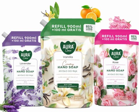 Zestaw 3x1000 ml AURA Care Mydło Do Rąk Uzupełniające Lawenda Róża Wanilia Zestaw 3x1000 ml AURA Care Mydło Do Rąk Uzupełniające Lawenda Róża Wanilia