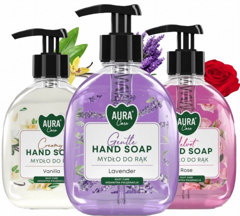 Zestaw 3x300 ml AURA Care Mydło Do Rąk Z Dozownikiem Lawenda Róża Wanilia Zestaw 3x300 ml AURA Care Mydło Do Rąk Z Dozownikiem Lawenda Róża Wanilia