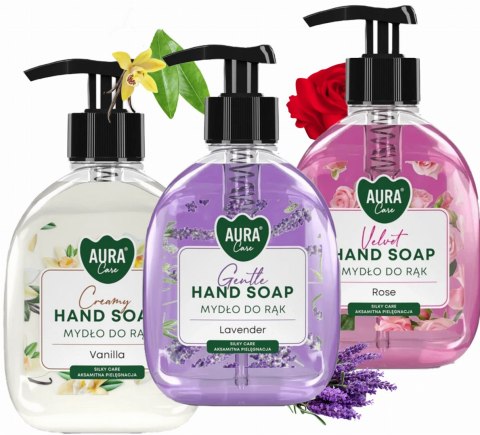 Zestaw 3x300 ml AURA Care Mydło Do Rąk Z Dozownikiem Lawenda Róża Wanilia Zestaw 3x300 ml AURA Care Mydło Do Rąk Z Dozownikiem Lawenda Róża Wanilia